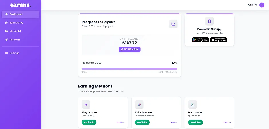 Earnne on desktop – earn money with surveys