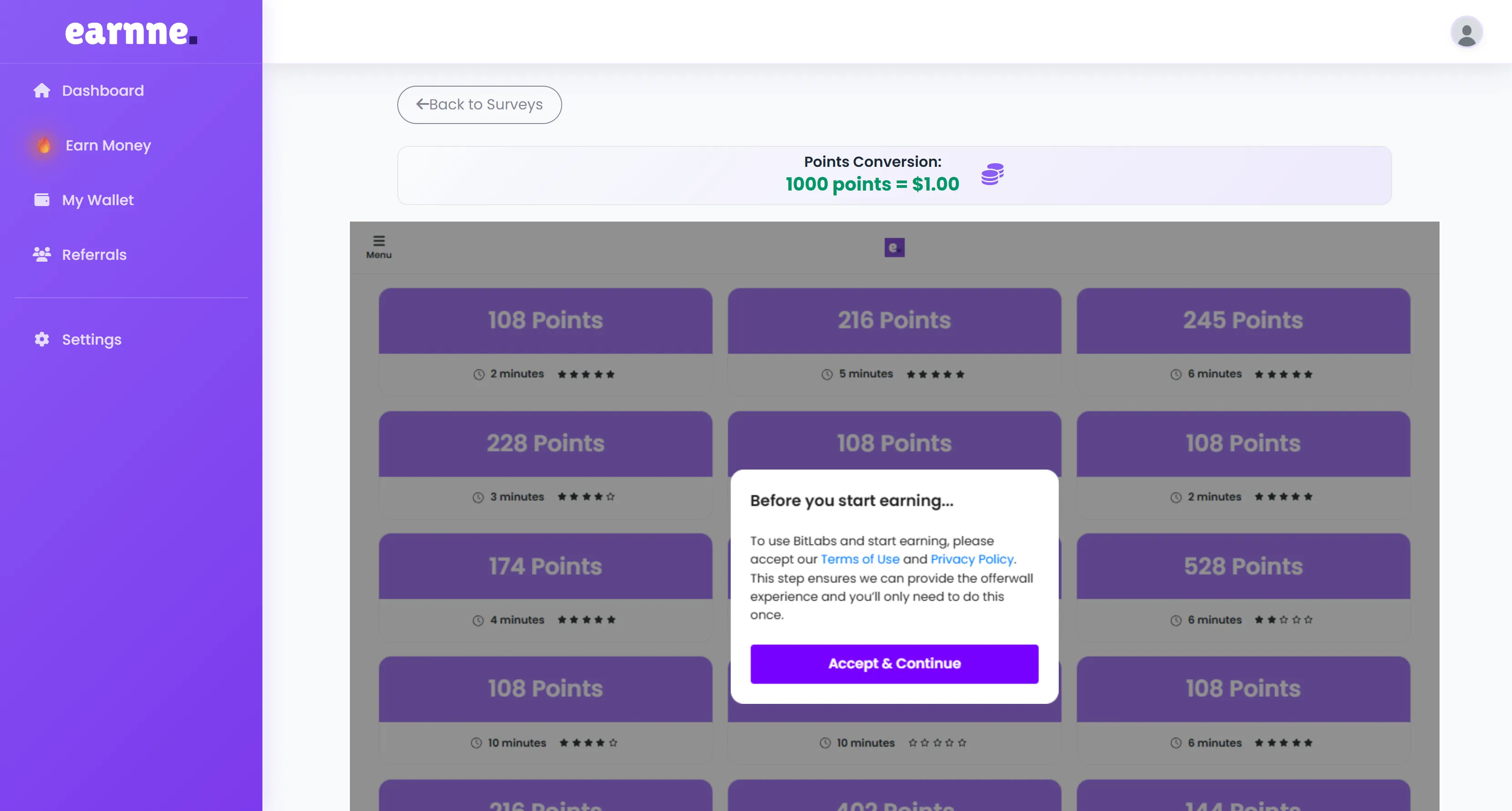 Earnne on desktop – fill out tasks and earn credits